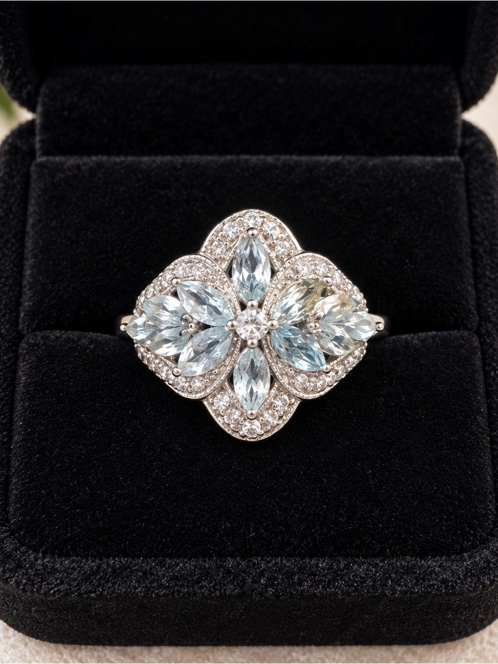 Aqua Marquise Floral Halo Ring in Silver-Tone